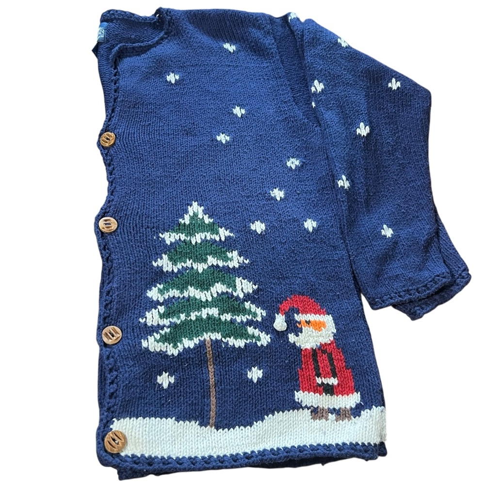 Rey Wear Hand Knit Vintage Christmas Cardigan Sweater Blue Santa Size Large - Picture 6 of 8